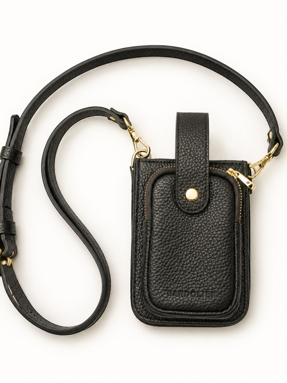 Bandolier Black Pebbled Leather Crossbody Phone Pouch with Gold Hardware